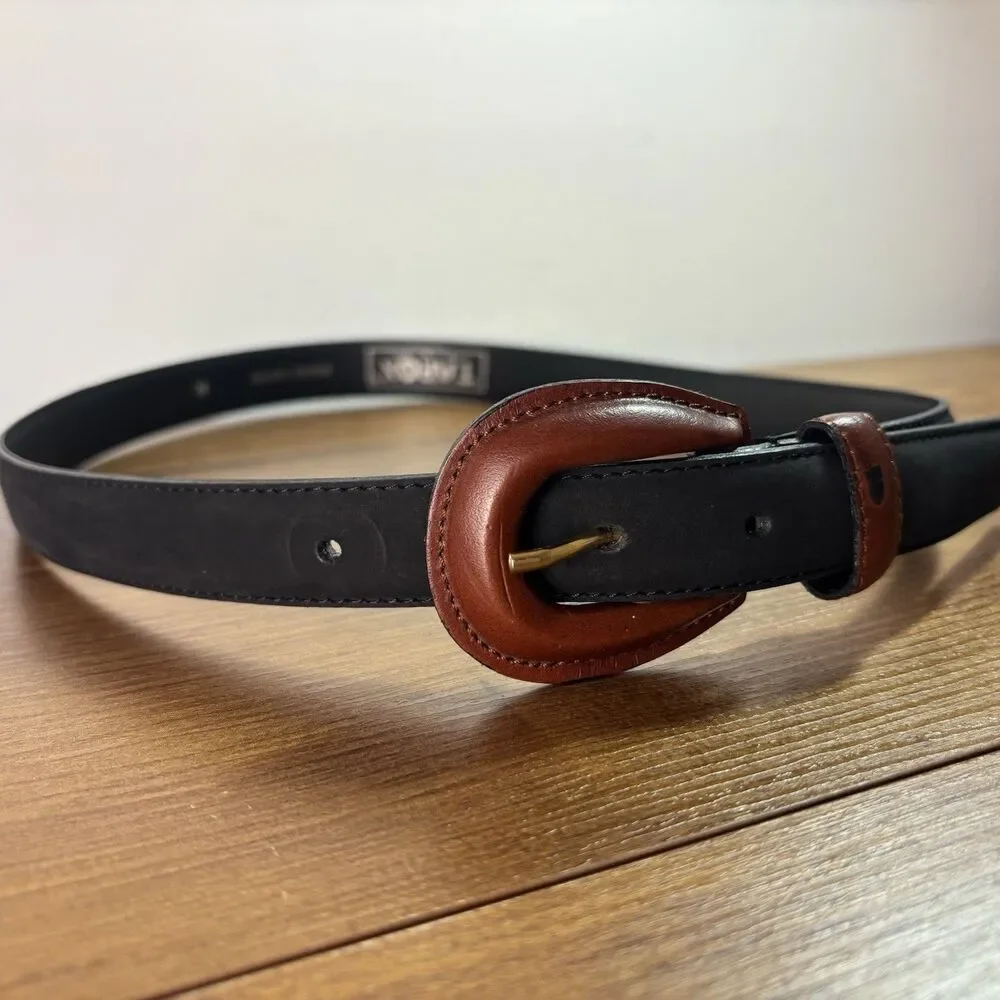 VTG TAROX Italy Genuine Leather Belt Women's Size M Black Brown Buckle Two Tone